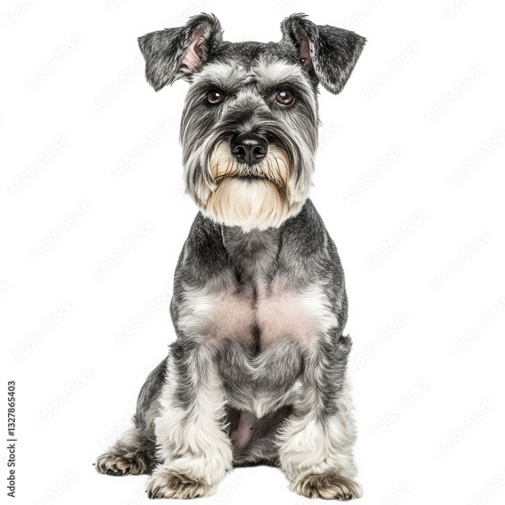 a well-groomed schnauzer dog sits upright showcasing its distinctive beard and expressive eyes against a plain white background. dog's features emphasizing its personality and charm a well-groomed schnauzer dog sits upright showcasing its distinctive beard and expressive eyes against a plain white background. dog's features emphasizing its personality and charm