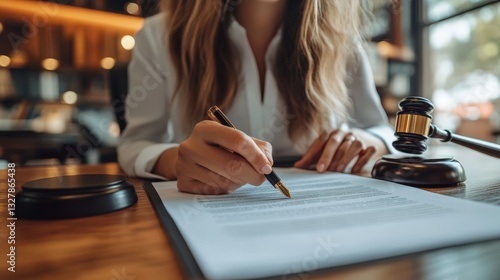 Individual reviewing legal documents while holding a pen in a professional setting with a gavel nearby