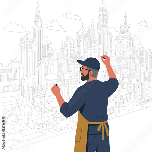 Artist creating detailed cityscape mural in flat vector art style with vibrant colors