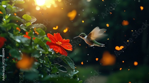  Hummingbird flying above red flower in front of green bush with foreground red flowers
