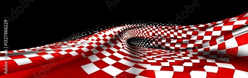 Abstract checkered surface with dynamic waves, red and white geometric pattern