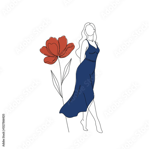 Elegant woman in flowy dress with flower, minimal flat design vector illustration