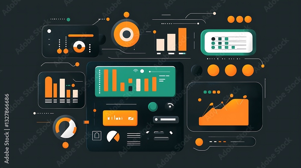 Futuristic data dashboard with various metrics and graphs displayed. Modern, interactive interface showcasing different performance indicators in a visually appealing and organized manner Futuristic data dashboard with various metrics and graphs displayed. Modern, interactive interface showcasing different performance indicators in a visually appealing and organized manner