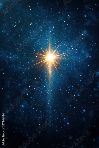 A bright, golden star shines intensely against a deep blue cosmic backdrop, surrounded by a myriad of smaller stars and sparkling lights, evoking a sense of wonder and mystery.