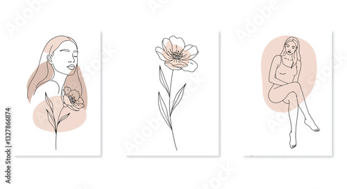 Elegant line drawings of women and flowers in minimal flat vector art