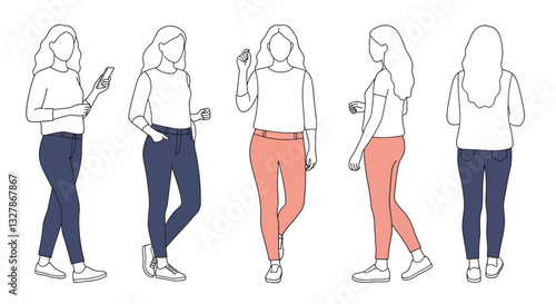 Woman in casual clothing changing poses in flat vector illustration