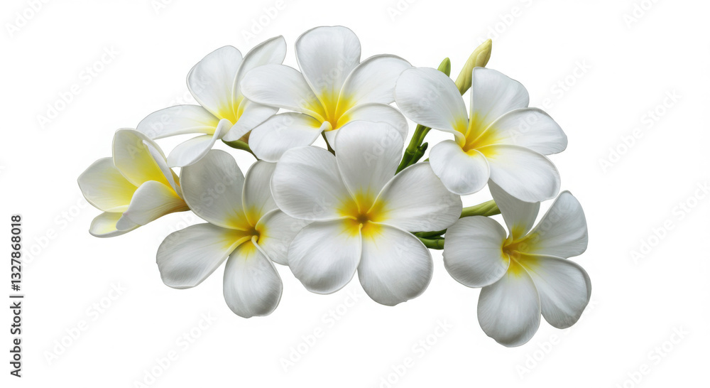 Naklejka premium A highly detailed botanical illustration of white Frangipani flowers in full bloom, arranged in a gentle, natural cluster. 