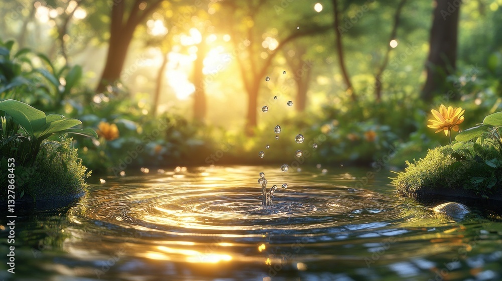 Naklejka premium Tranquil forest pool, sunlit drops