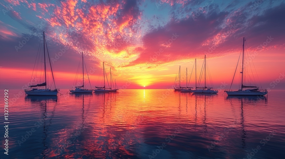 Fototapeta premium Vibrant sunset over calm sea with sailboats.