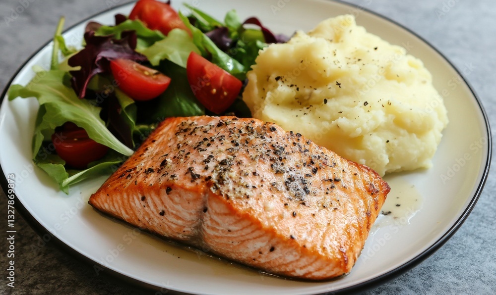 Grilled salmon with mashed potatoes and salad on white plate Grilled salmon with mashed potatoes and salad on white plate