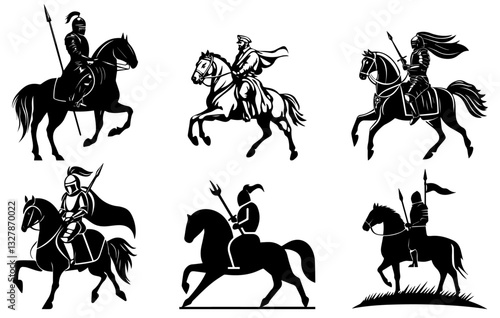 Medieval Knight on Horseback Silhouette Vector Set, Warrior, Cavalry, and Historical Battle Illustration
