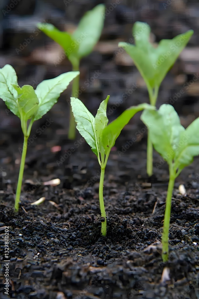 Close Up of Young Seedlings Growing in Rich Soil Close Up of Young Seedlings Growing in Rich Soil