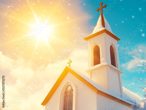 Snowy church with cross, sunlight, and snow flurries photo