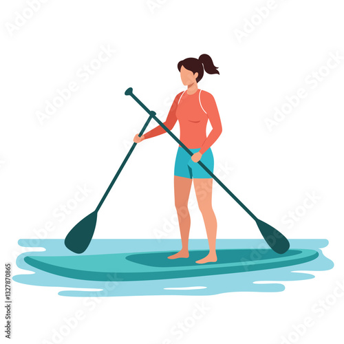 Woman paddleboarding on calm water in flat design vector art