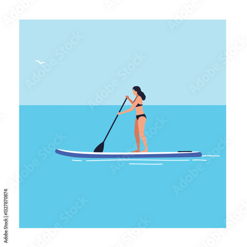 Woman paddling on a stand-up paddleboard in flat vector art style vector illustration