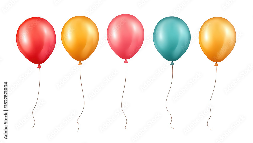 five colorful balloons in a row including red yellow pink teal and orange each tied with a string set against a plain white background suggesting a festive or celebratory theme five colorful balloons in a row including red yellow pink teal and orange each tied with a string set against a plain white background suggesting a festive or celebratory theme