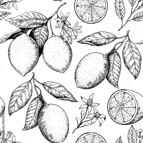 Seamless pattern with lemon branches with fruits and flowers. Drawing in retro engrawing style. Black and white vector illustration.