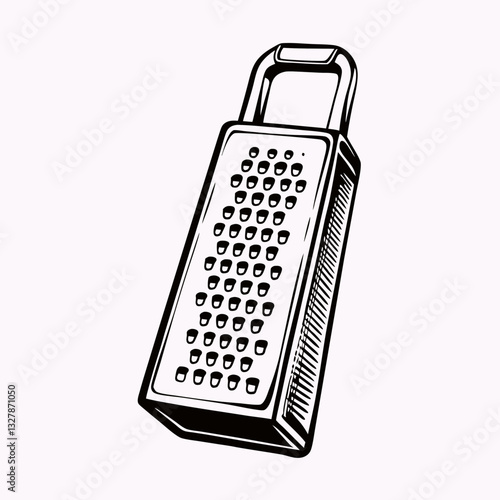 Box grater illustration with handle in black line style evokes classic kitchen shredding utensil. Concept: food blog visuals, kitchen supply store, cooking class branding.