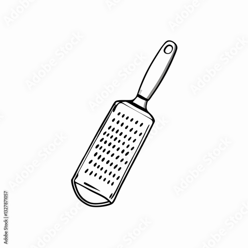 Hand-held grater with plastic handle and rectangular grating surface. Clean simple line drawing of essential kitchen utensil for food preparation Concept kitchenware stores, cooking classes, food blog