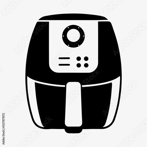 Air fryer appliance in black vector icon style with buttons evokes healthy cooking and kitchen modernity. Concept: appliance store, health food blog, cooking class.