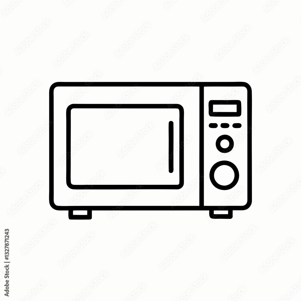Microwave oven outline. Modern black line drawing of microwave with panel and door. Clean shape. Concept: appliance store visual, electronics UI icon, kitchen blog. Microwave oven outline. Modern black line drawing of microwave with panel and door. Clean shape. Concept: appliance store visual, electronics UI icon, kitchen blog.
