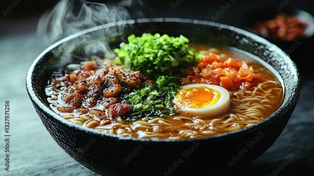 Steaming bowl of ramen noodles with egg, pork, kimchi, and scallions. Steaming bowl of ramen noodles with egg, pork, kimchi, and scallions.