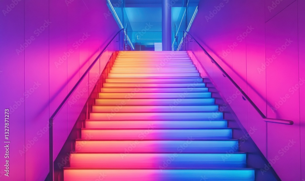 Minimalist staircase glowing with vibrant gradient lights, its clean lines and symmetry illuminated softly for a modern, futuristic aesthetic Minimalist staircase glowing with vibrant gradient lights, its clean lines and symmetry illuminated softly for a modern, futuristic aesthetic