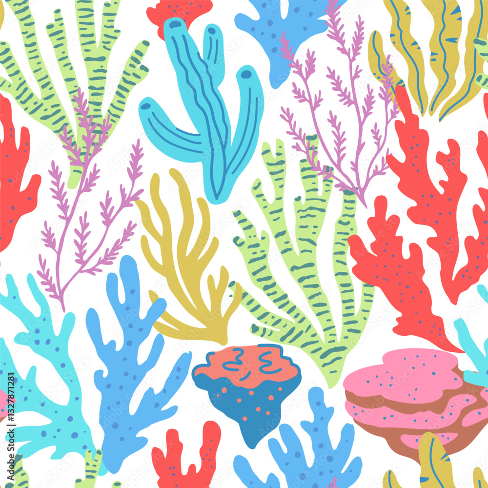 Naklejka premium Seamless pattern with colorful sea elements, corals, seaweeds, shells and sea stars. Vector illustration.