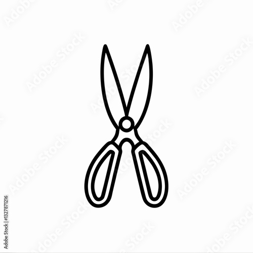 Shears depicted in minimalistic line drawing against white background. Simple black outline design of cutting tool for gardening or crafting. Concept: garden centers, craft supply stores, DIY blogs.