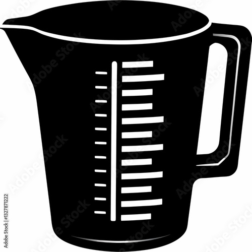 Measuring cup with handle and scale in black icon silhouette style for recipe design and kitchen visuals. Concept: baking infographic, food blog illustration, cooking aid.