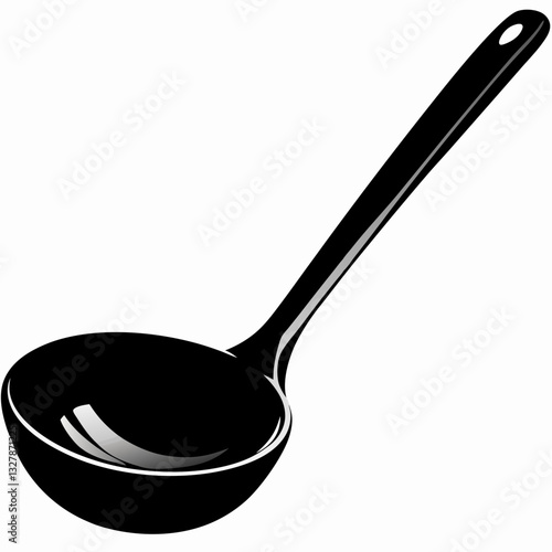 Kitchen ladle illustration with deep bowl and long handle on white background. Black and white graphic style with strong contrasts. Concept: cooking utensils, culinary equipment, recipe illustration.