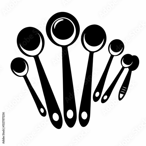 Measuring spoons set arranged in semi-circle with varying sizes. Solid black silhouettes against white background show clear proportions. Concept: baking tools, cooking measurement, kitchen essentials