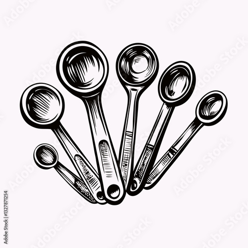 Measuring spoons sketch. Hand-drawn black illustration of nested measuring spoons, stylized detail. Concept: baking blog, food packaging design, vintage cookbook.