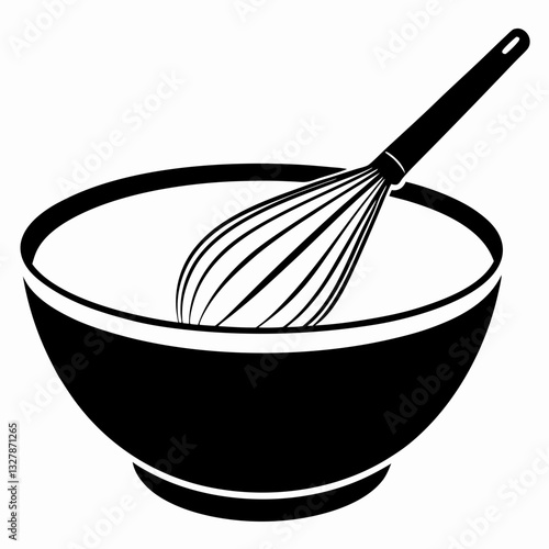 Mixing bowl and whisk illustrated in black and white shows essential baking tools in clean, simple style. Perfect kitchen companions depicted with detailed curved bowl and wire whisk. Concept: bakery,