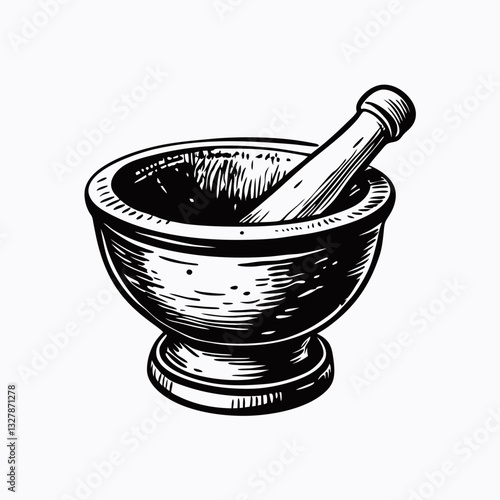 Mortar and pestle depicted in black and white line drawing. Clean vintage-style illustration of traditional grinding tools for herbs and spices. Concept herbal shops, cooking schools, apothecary brand