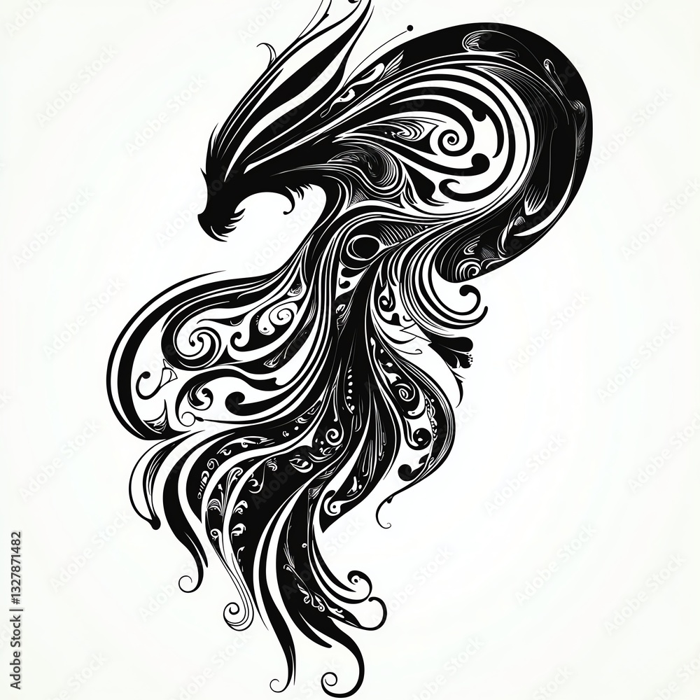Silhouette of a majestic dragon with curled wings, intricate black lines, white background, minimalist vector art Silhouette of a majestic dragon with curled wings, intricate black lines, white background, minimalist vector art