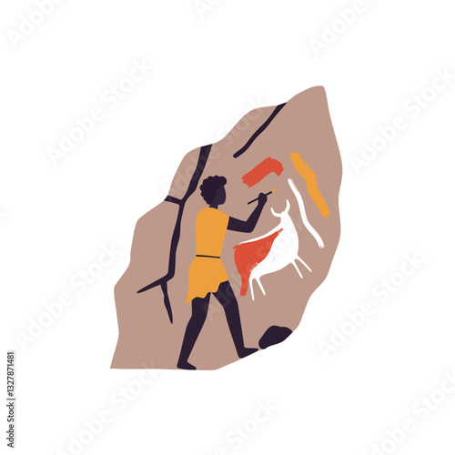 Cave painting scene showing ancient hunter creating art in flat vector illustration