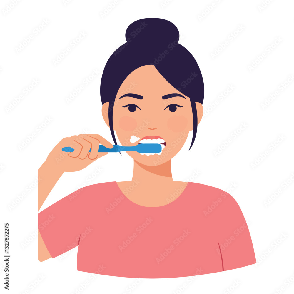 Woman brushing teeth in a minimal style, fresh colors and clean lines, vector illustration Woman brushing teeth in a minimal style, fresh colors and clean lines, vector illustration