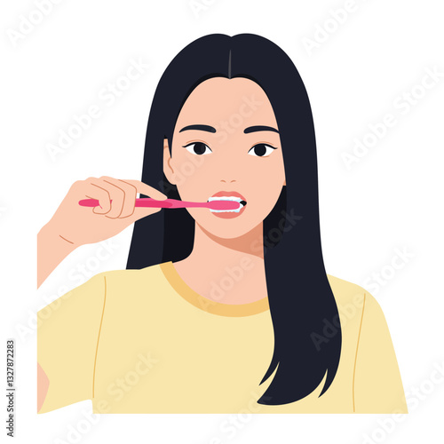 Detailed vector illustration of a woman brushing her teeth in a minimal style vector art