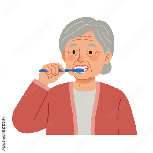Elderly woman brushing her teeth in flat vector illustration style for dental hygiene awareness vector art