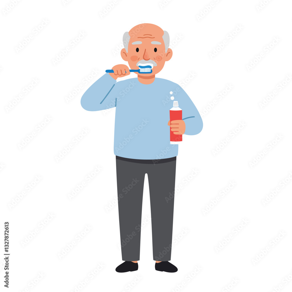 Elderly man brushing teeth in flat style vector art illustration Elderly man brushing teeth in flat style vector art illustration