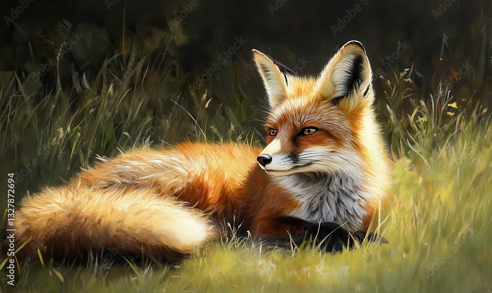 Obraz premium Playful red fox resting in a sunlit meadow, its vibrant fur glowing warmly under soft natural light for an endearing wildlife portrait