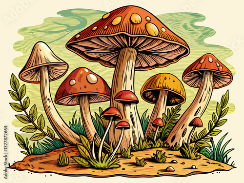 vector of  Mushroom set. Hand drawn growing mushroom, mycelium in vintage engraving style. Sketch vector illustration
