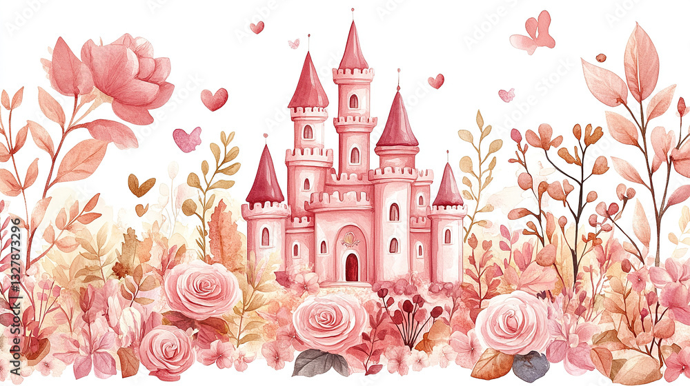 Fototapeta premium Fairytale castle surrounded by floral beauty enchanted garden watercolor art dreamy scene whimsical concept