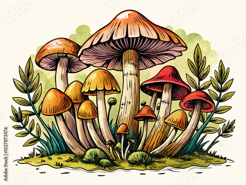 vector of  Mushroom set. Hand drawn growing mushroom, mycelium in vintage engraving style. Sketch vector illustration