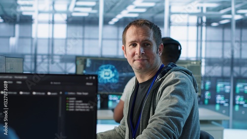 Fotografi Portrait of joyous IT expert in server farm ensuring valuable data remains shielded from threats