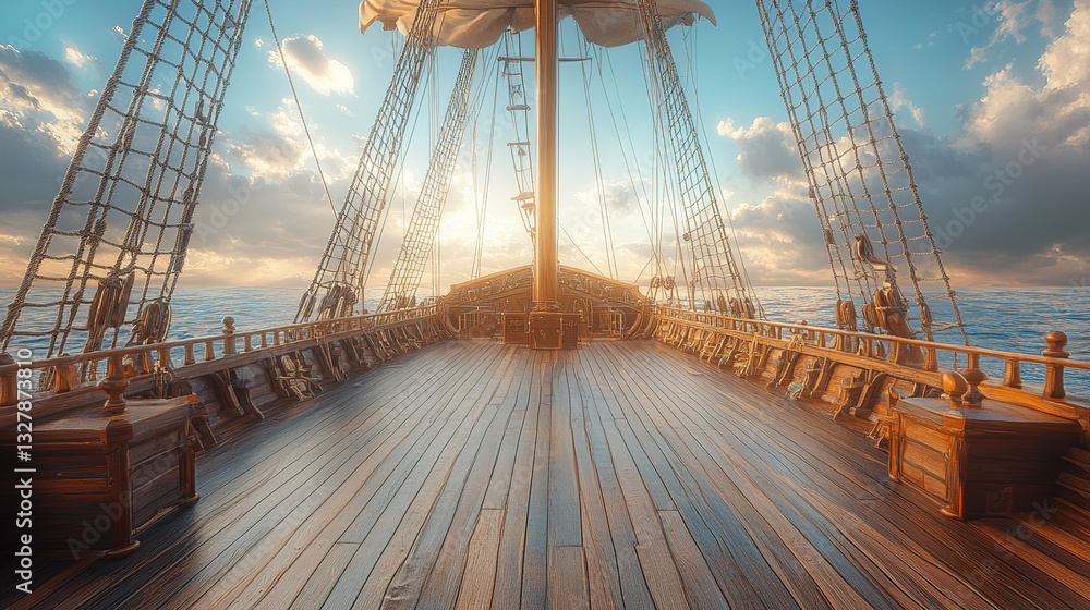 Obraz premium Sailing adventure on a vintage ship open sea photography sunrise glow aesthetic view nautical concept