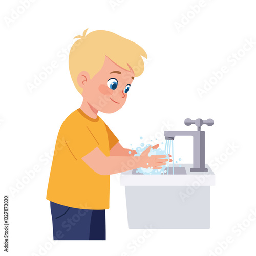Child washing hands at sink in flat vector illustration style