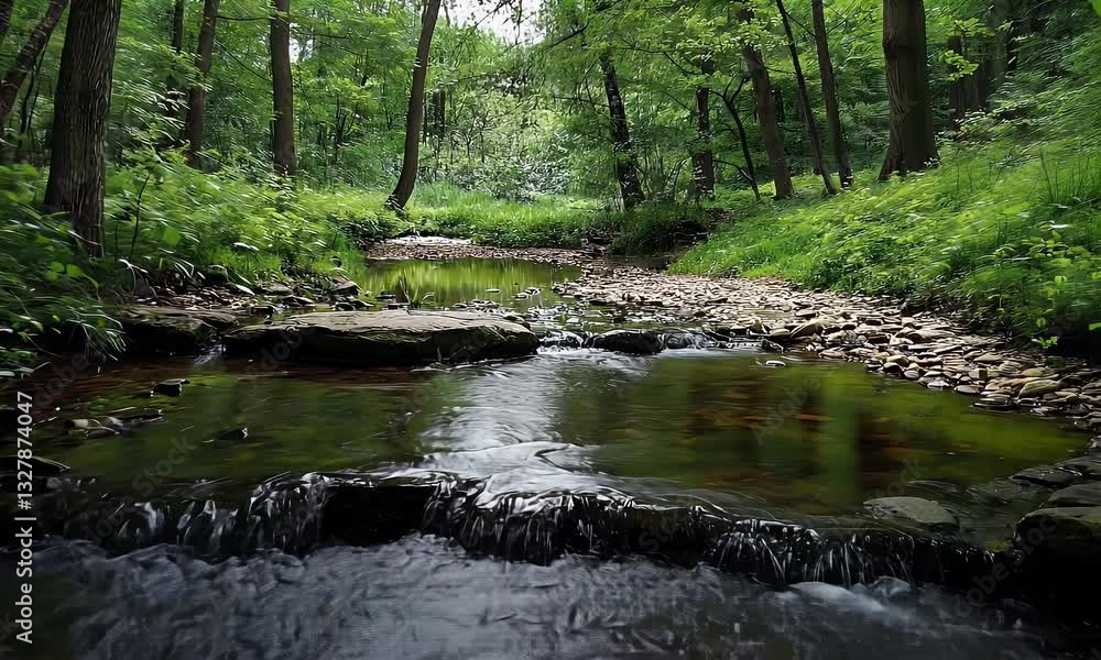 Serene forest stream flows gently through lush green woods. Perfect for nature, tranquility, and relaxation themes Serene forest stream flows gently through lush green woods. Perfect for nature, tranquility, and relaxation themes
