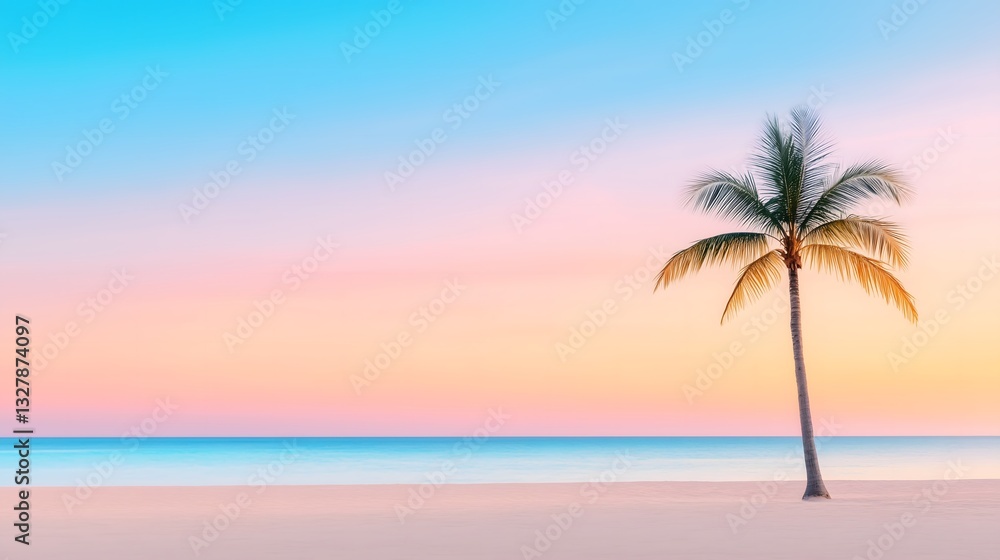 Beautiful Tropical Beach Sunset with Palm Tree, Sand, and Ocean, Serene Scenery, Vacation Vibes, Coastal Paradise, Calm Sky Beautiful Tropical Beach Sunset with Palm Tree, Sand, and Ocean, Serene Scenery, Vacation Vibes, Coastal Paradise, Calm Sky